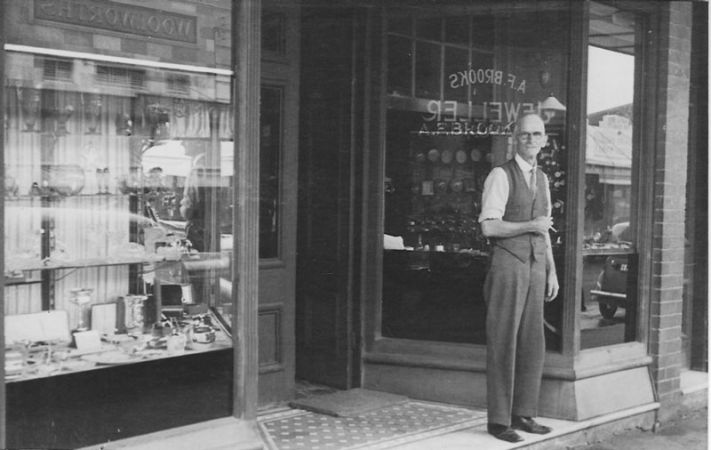 Arthur Brooks at the front of his well-known jeweller's store, Pacific Highway, Hornsby, Late 1940s (Source: Courtesy of Warwick and Leone Oliver, Hornsby Shire Recollects).
