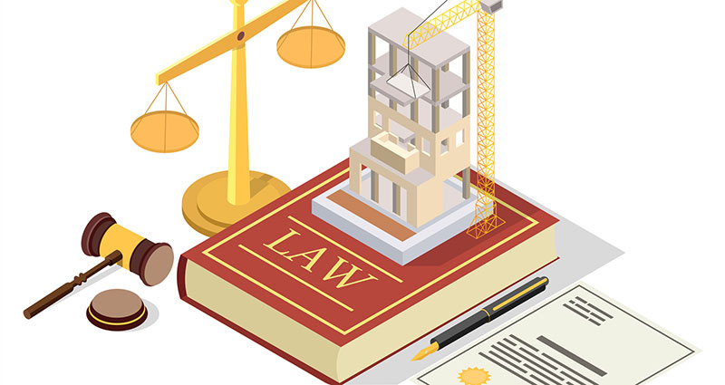 Construction permit vector concept illustration. Isometric juridical symbols Law book, scales of justice, gavel, building permit