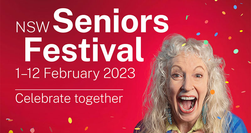 Seniors Week 2023. Older lady on red background