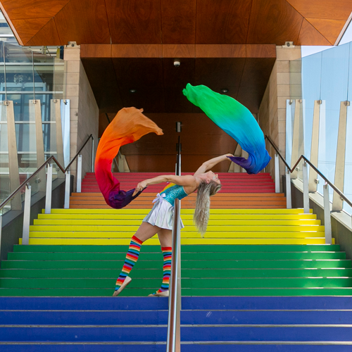 Thornleigh resident Allura Mystique is looking forward to performing at Hornsby’s Sydney WorldPride 2023 celebration in Hornsby Mall. Pictured at Hornsby’s rainbow steps.
