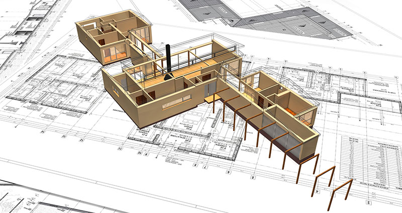 House mock-up with complete ground floor and wireframe roof, on top of architecture blueprints