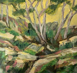 painting of trees and rocks