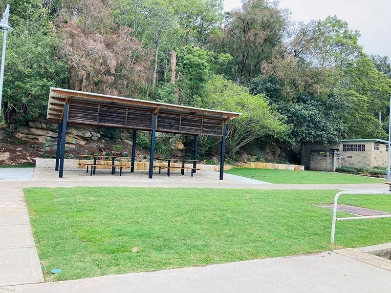 shelter with wooden tables