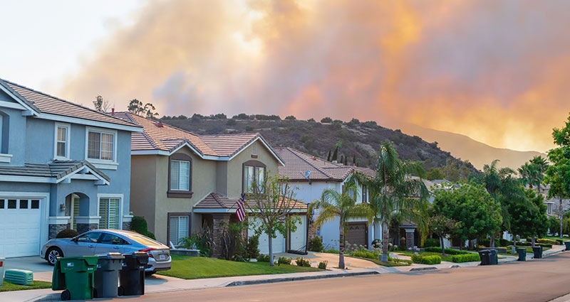 A wildfire burns and smoke rises in the forest near homes