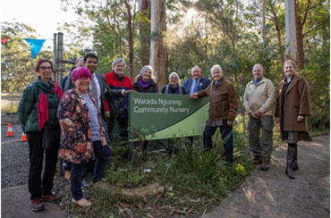 Hornsby Shire Mayor, Councillors, nursery staff and community members with the nursery sign