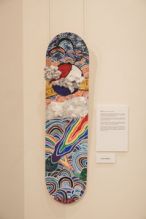 Emily Li, Rainbow oceans, wooden skateboard, acrylics plastic, cotton, gold leaf, 2022
