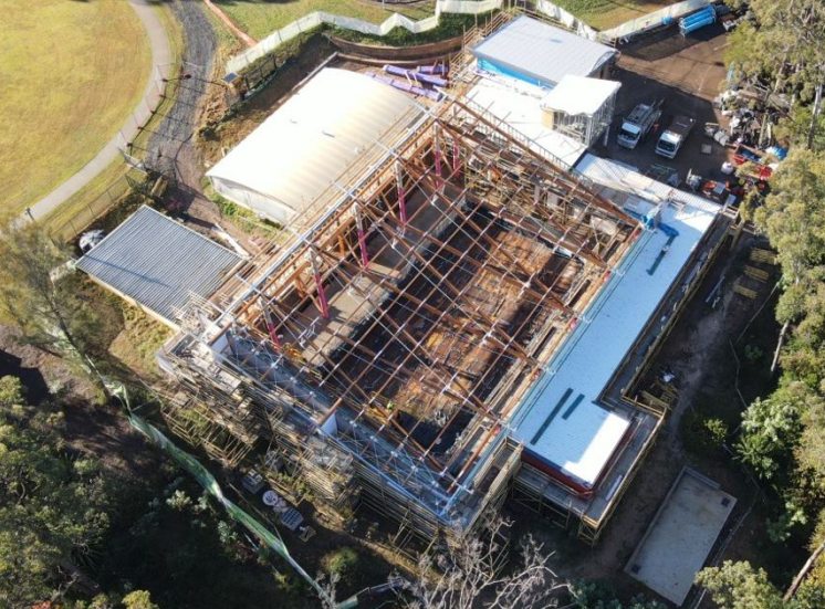 ariel view of roof and scaffolding