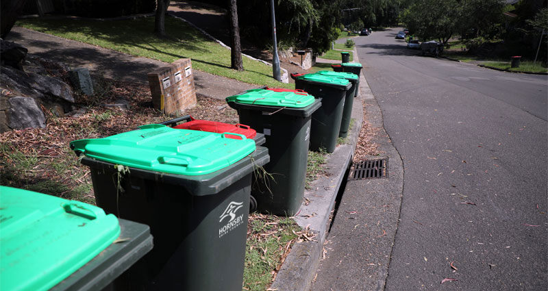 Green and red lid bins on street waiting for collection