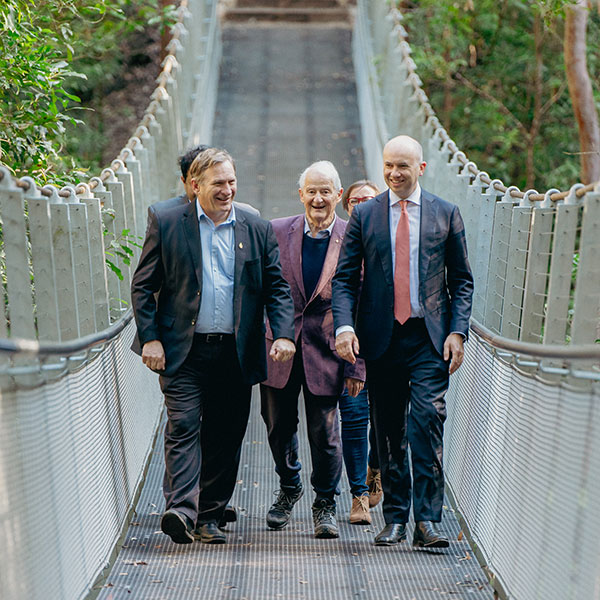 group walking along bridge