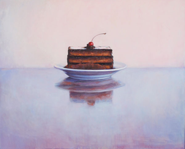 painting of dessert cake on saucer on table