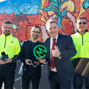 Head of MobileMuster Spyro Kalos (second left) joined Nathan Chen (far right) and Peter Sole (far left) from the Community Recycling Centre Team and Deputy Mayor Nathan Tilbury (second left) to celebrate.