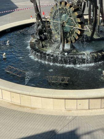 A floating, rotating pontoon clock (no longer operational) with Roman numerals on its birds-eye-view clockface