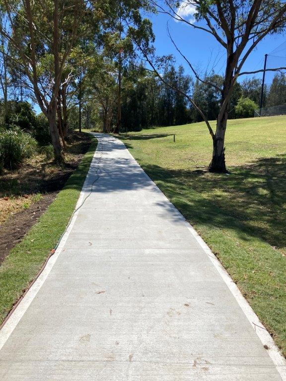 winding concrete path with trees either side