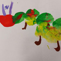water colour painting of caterpillar creature, green, red and brown